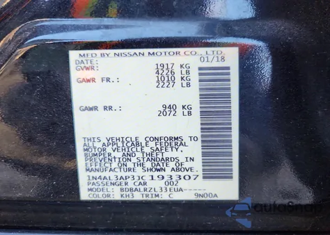 2018 Nissan Altima 2.5 z USA, uszkodzony, nr VIN 1N4AL3AP3JC193307